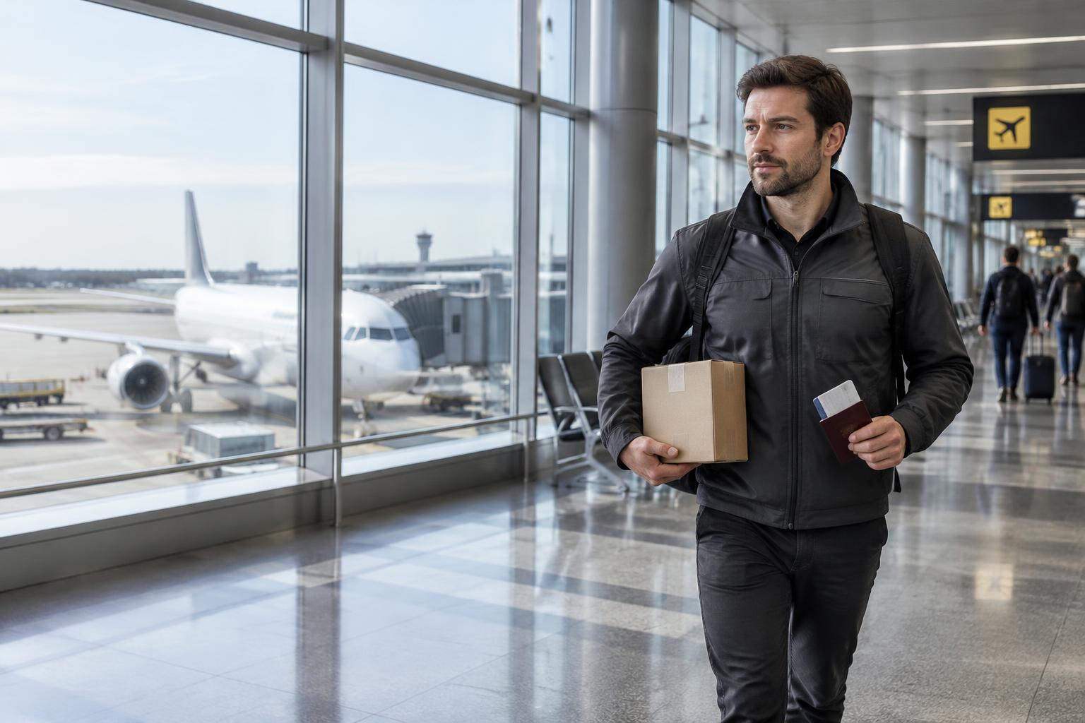 Kurier mit einer eiligen Sendung am Flughafen vor einem Passagierflugzeug